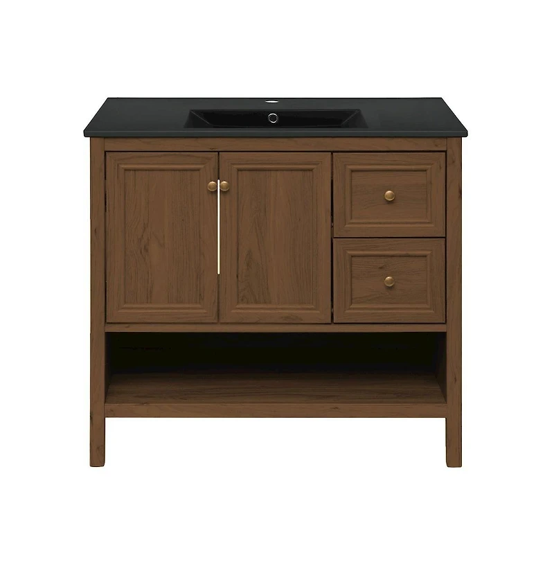 Chateau 36" Freestanding Bathroom Vanity in Brown Oak with Black Sink Top