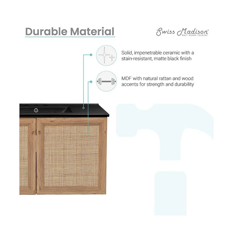 Swiss Madison 36 in. Brown Oak Wall Hung Bathroom Vanity With Black, 3-Hole Ceramic Sink Top