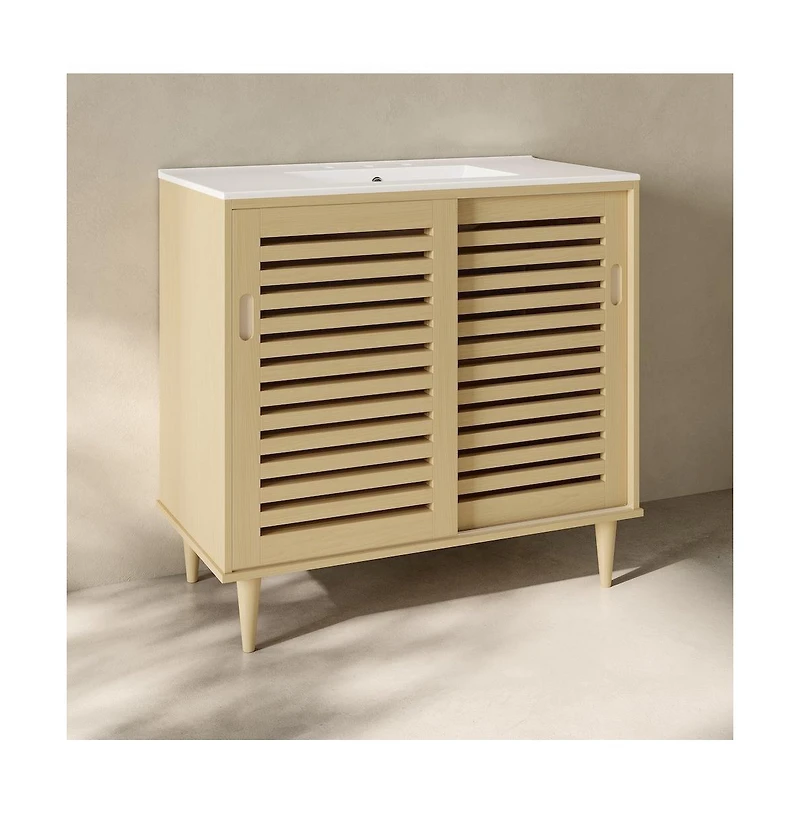 Swiss Madison Delice 36" Freestanding Bathroom Vanity, Natural Oak, 3-Hole Widespread Sink Top