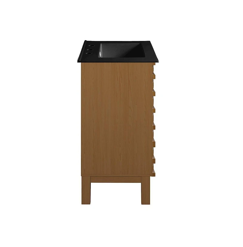 Cascade 24 in. Brown Oak Bathroom Vanity With Black, 3-Hole Ceramic Sink Top