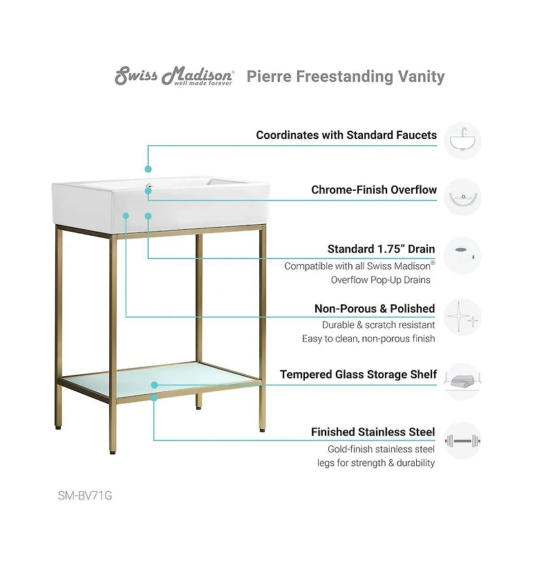 Swiss Madison Pierre 24 Single, Freestanding, Open Shelf, Gold Metal Frame Bathroom Vanity