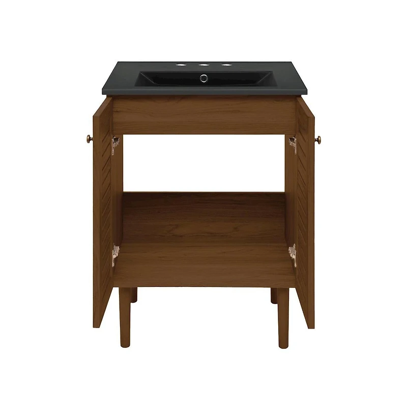 Swiss Madison 24" Freestanding Bathroom Vanity in Brown Oak, Black 3-Hole Widespread Sink Top