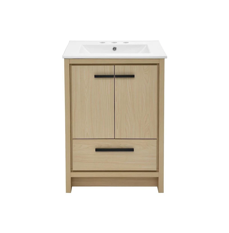 Swiss Madison Virage 24 in. Brown Oak Bathroom Vanity With White, 3-Hole Ceramic Sink Top