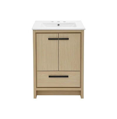 Swiss Madison Virage 24 in. Brown Oak Bathroom Vanity With White, 3-Hole Ceramic Sink Top