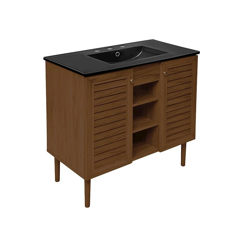 Swiss Madison 36" Freestanding Bathroom Vanity in Brown Oak, Black 3-Hole Widespread Sink Top