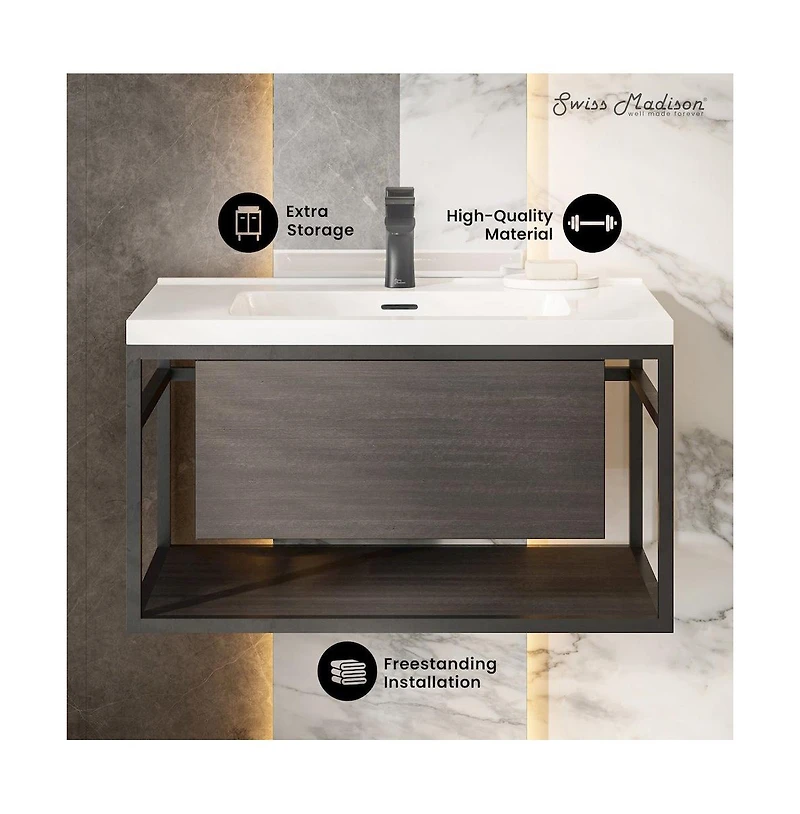 Swiss Madison Claire 30" Wall-Mounted Bathroom Vanity in Black Oak with Sink Top