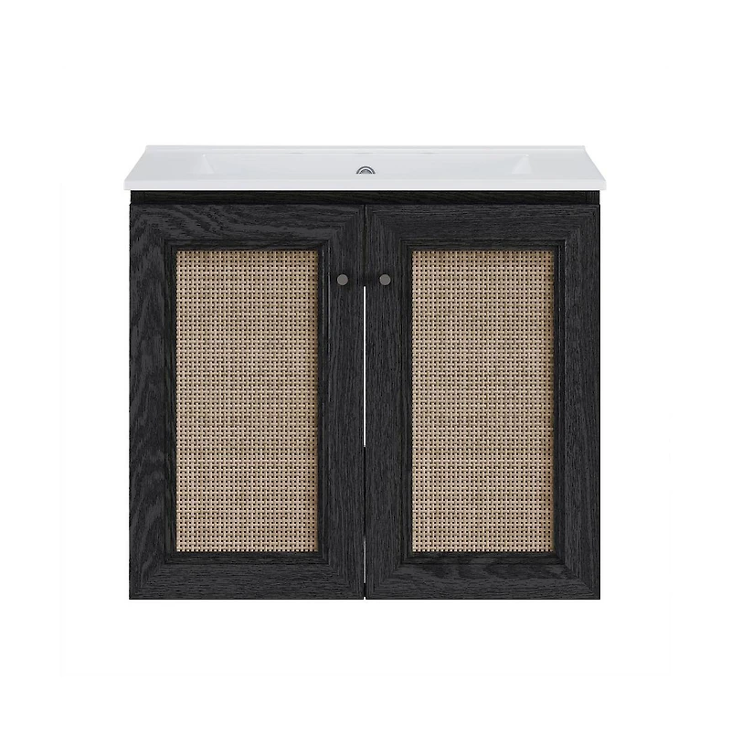 24" Wall-Mounted Bathroom Vanity, Black Oak, Widespread Faucet Holes Vanity Top