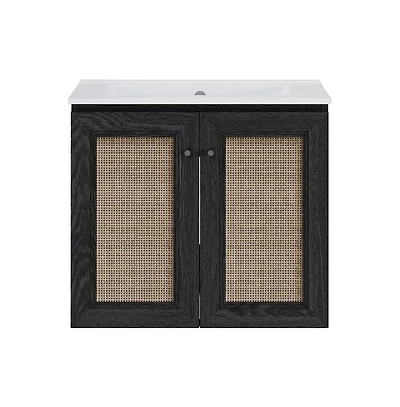 24" Wall-Mounted Bathroom Vanity, Black Oak, Widespread Faucet Holes Vanity Top