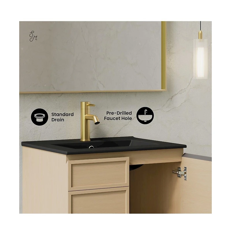 Swiss MadisonSt. Tropez 24" Wall-Mounted Bathroom Vanity in Natural Oak with Black Sink Top