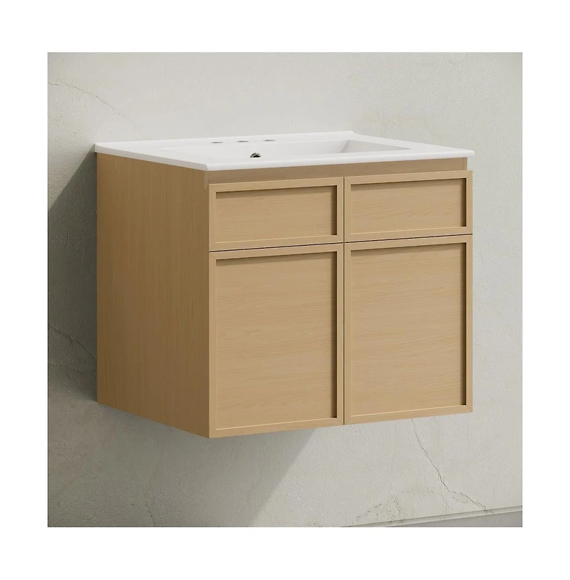 Swiss Madison 24" Wall-Mounted Bathroom Vanity in Natural Oak with 3-Hole Centerset Sink Top