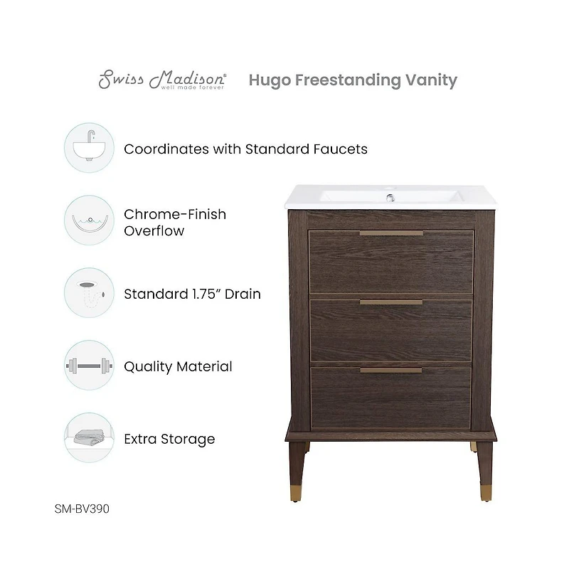 Swiss MadisonHugo 24" Freestanding Bathroom Vanity in Brown Oak with Sink Top
