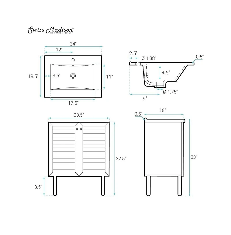 Swiss Madison Bron 24" Freestanding Bathroom Vanity in Black Oak with Sink Top