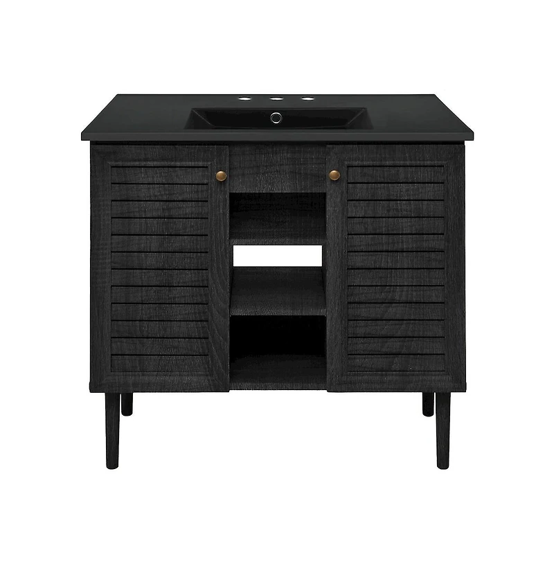 36" Freestanding Bathroom Vanity in Black Oak, Black 3-Hole Widespread Sink Top