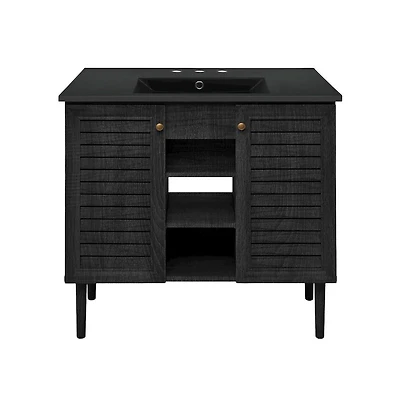 36" Freestanding Bathroom Vanity in Black Oak, Black 3-Hole Widespread Sink Top
