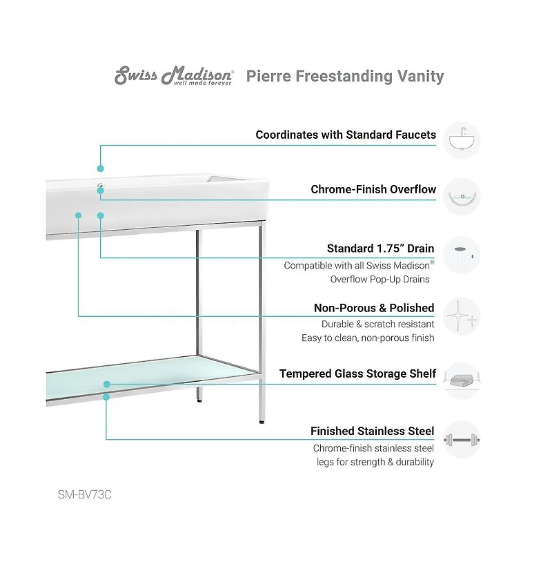 Swiss Madison Pierre 40 Single, Freestanding, Open Shelf, Chrome Metal Frame Bathroom Vanity