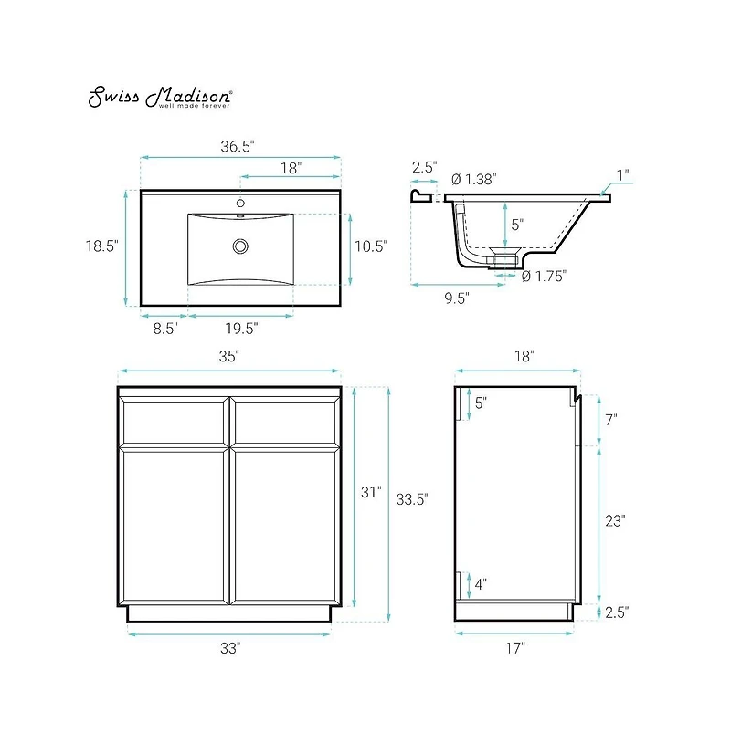 Swiss Madison St. Tropez 36" Freestanding Bathroom Vanity in Black Oak with Sink Top