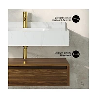 Swiss MadisonAvancer 36" Wall-Mounted Bathroom Vanity in Brown Oak with White Marble Sink Top