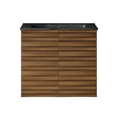 Swiss Madison24" Wall-Mounted Bathroom Vanity in Brown Oak, Black 3-Hole Widespread Sink Top