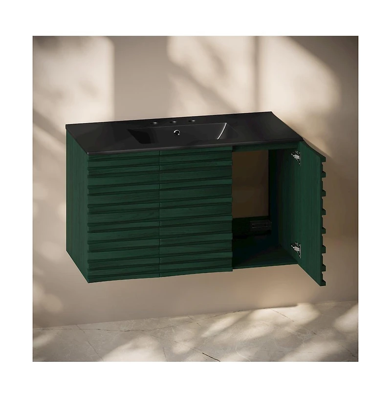 Swiss Madison36" Wall-Mounted Bathroom Vanity in Green Oak, Black 3-Hole Widespread Sink Top