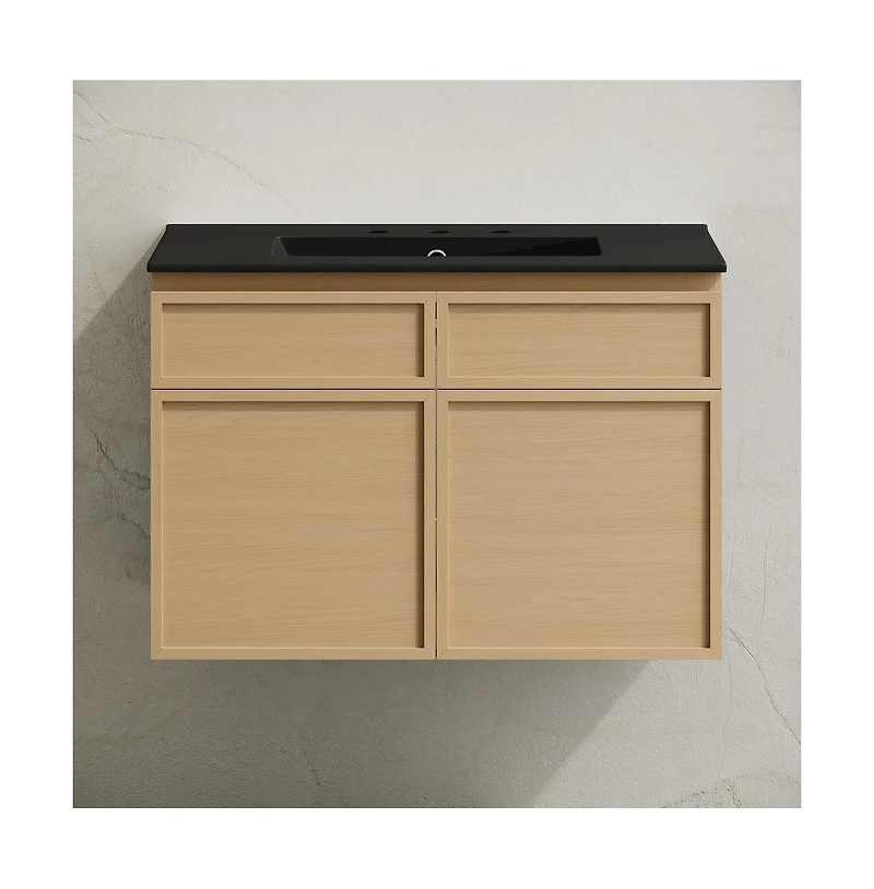 Swiss Madison 30" Wall-Mounted Bathroom Vanity, Natural Oak, Black 3-Hole Widespread Sink Top