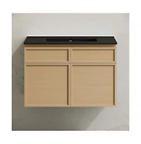Swiss Madison 30" Wall-Mounted Bathroom Vanity, Natural Oak, Black 3-Hole Widespread Sink Top