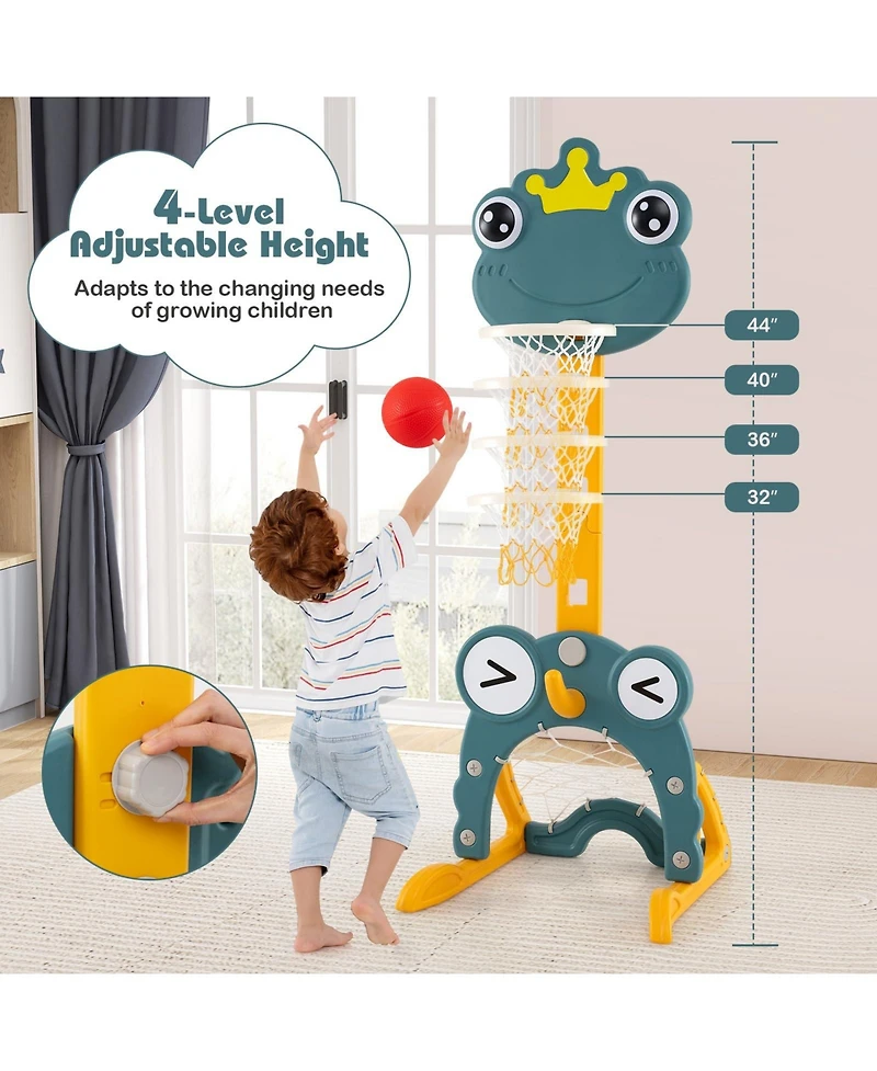 4-in-1 Toddler Basketball Hoop with Rim and Soccer Goal for 3+ Kids
