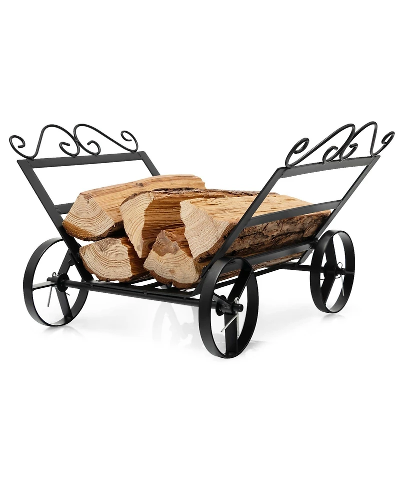 Firewood Rack Decorative Rustproof Steel Fireplace Log Holder with Wheels