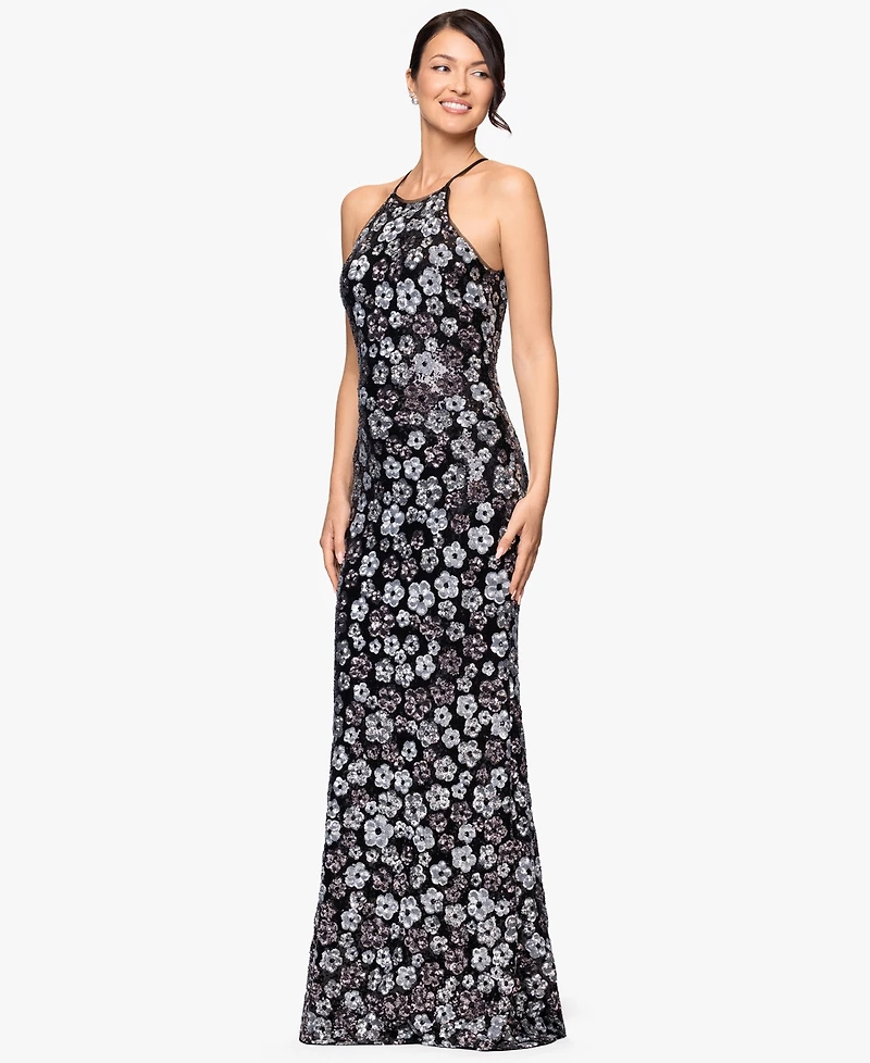 Betsy & Adam Women's Sequin All-Over Flower Long Dress