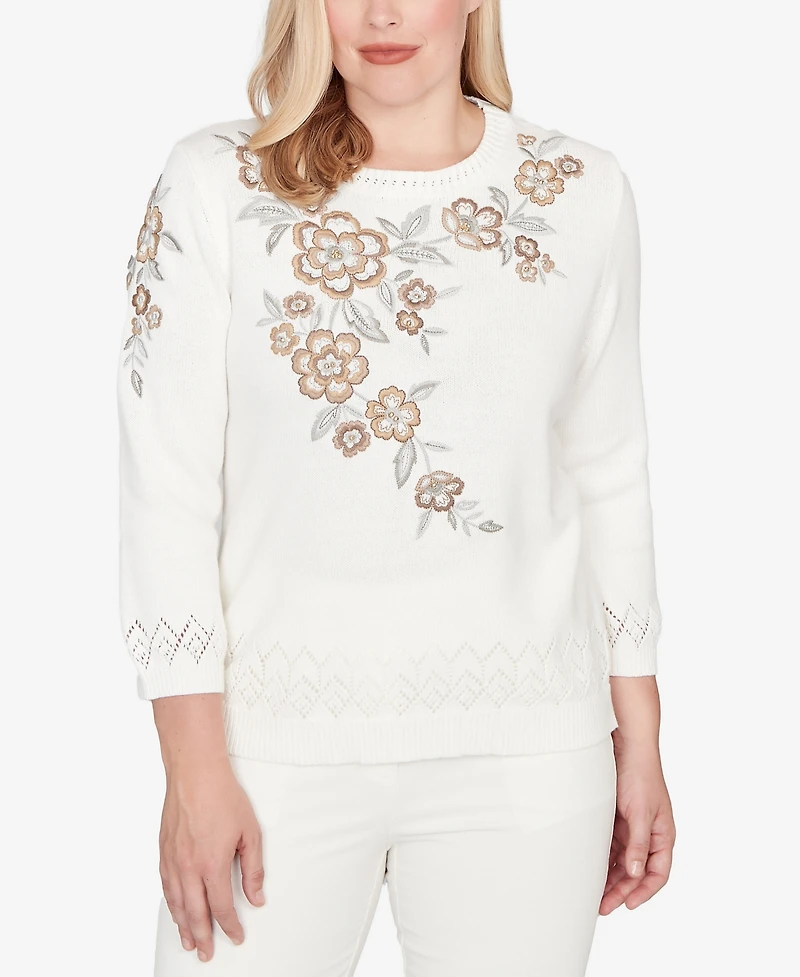 Alfred Dunner Petite Vienna Floral Embroidered Sweater