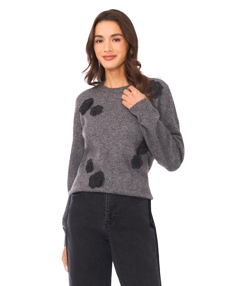 CeCe Women's Flower Applique Long Sleeves Sweater