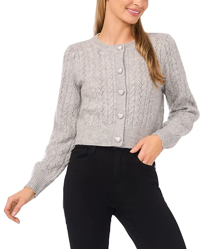 CeCe Women's Crewneck Heart Button Pointelle Cardigan Sweater
