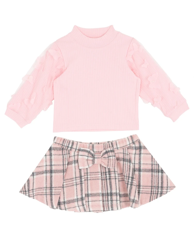 Rare Editions Baby Girls 2-Piece 3D Butterfly Long-Sleeve Top and Plaid Skirt Set