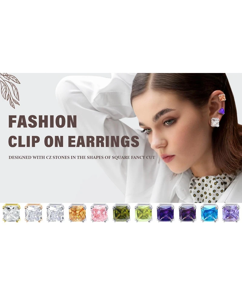 Bling Jewelry Set of 2 Large 5CT Square Cz Solitaire Clip-On Earrings Silver Plated 12MM