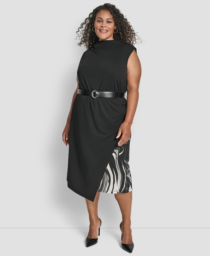 Dkny Plus Size Sleeveless Funnel Neck Belted Midi Dress