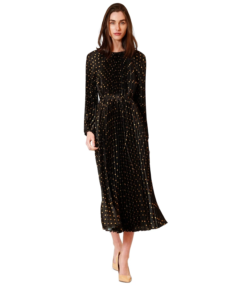 julia jordan Women's Pleated Long-Sleeve Waist Tie Maxi Dress