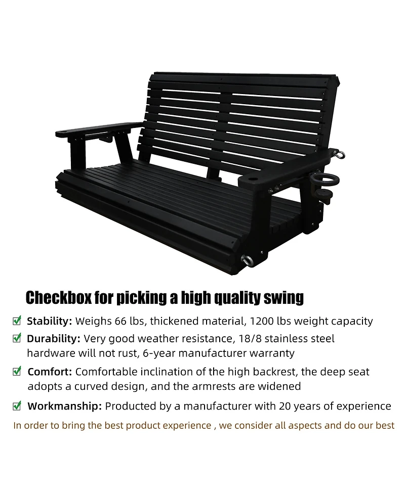 2-Seater 4 Ft Hdpe Porch Swing, for Outdoor Patio Garden Yard (Darknight Black)