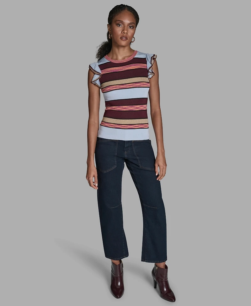 Bcbg Women's Stripe Short Flutter-Sleeve Crewneck Sweater