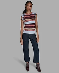 Bcbg Women's Stripe Short Flutter-Sleeve Crewneck Sweater