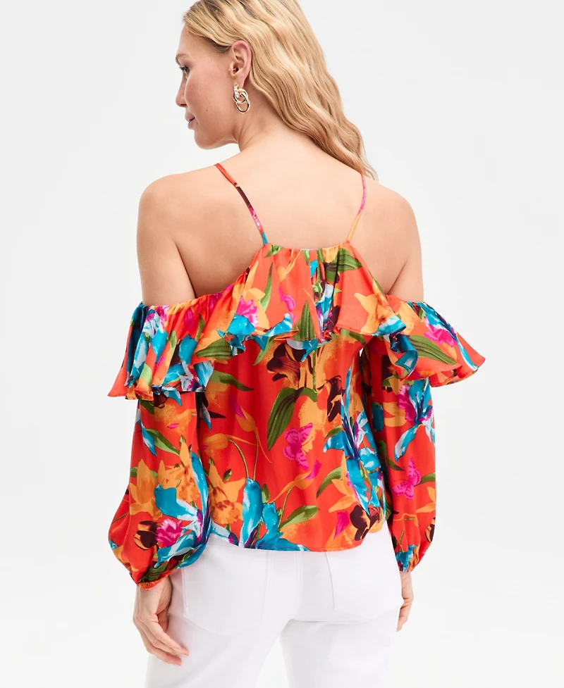 I.n.c. International Concepts Women's Printed Ruffled Cold-Shoulder Top, Macy's Exclusive