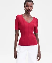 I.n.c. International Concepts Women's V-Neck Short Sleeve Ribbed Knit Sweater, Macy's Exclusive