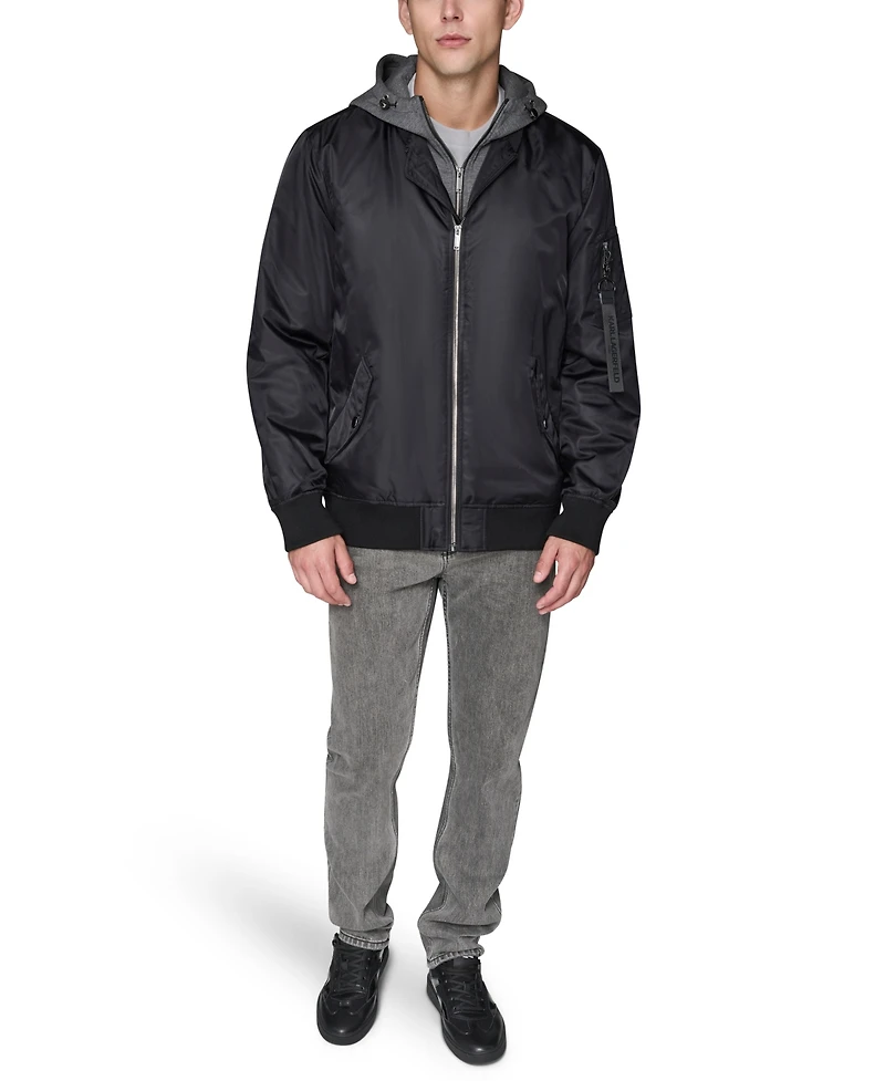 Karl Lagerfeld Paris Men's Embroidered Signature Hooded Bomber