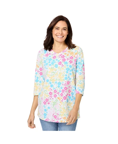 Woman Within Women's Perfect Printed Three-Quarter Sleeve V-Neck Tee