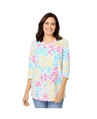 Woman Within Women's Perfect Printed Three-Quarter Sleeve V-Neck Tee