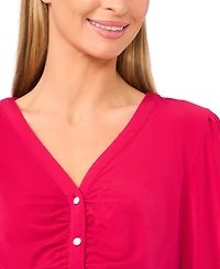 CeCe Women's V-Neck Long-Sleeve Shirred Knit Top