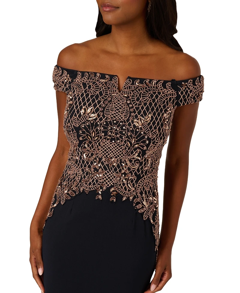 Adrianna Papell Women's Beaded Off-The-Shoulder Maxi Dress