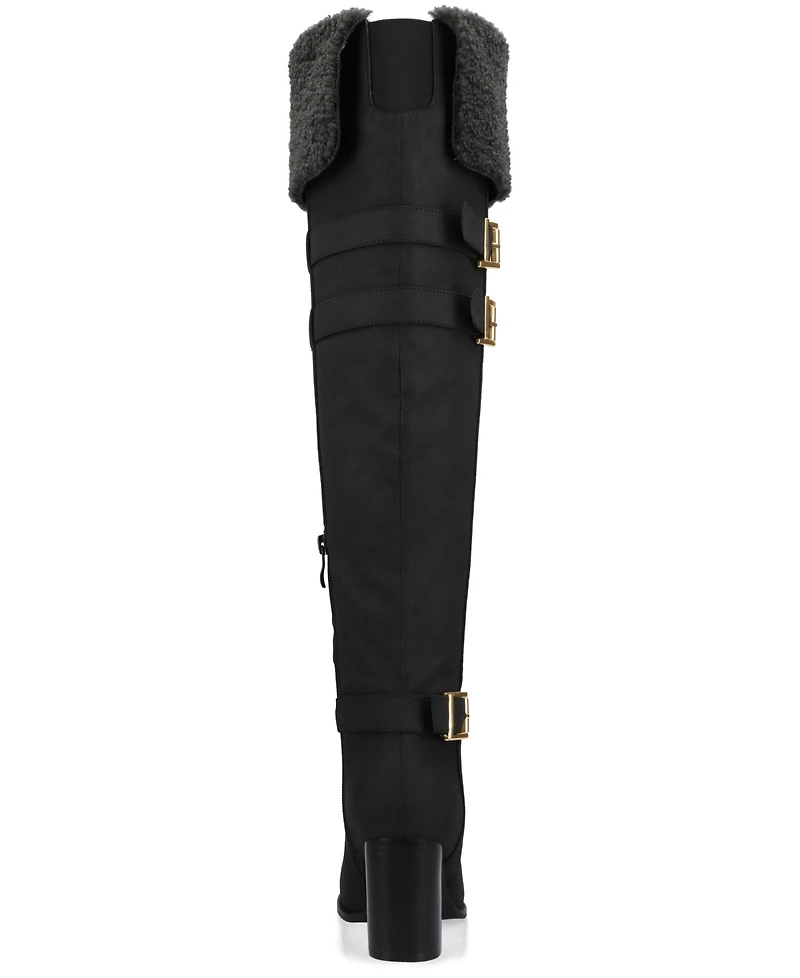 Journee Women's Alyza Buckle Detail Over-the-Knee Inside Zipper Almond Toe Comfort Sherpa Boots