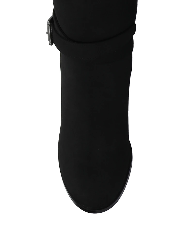 Journee Women's Avalonn Buckle Strap Knee High Stacked Heel Inside Zipper Comfort Dress Boots