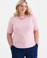 Style & Co Plus Boat-Neck Elbow Sleeve Cotton Top
