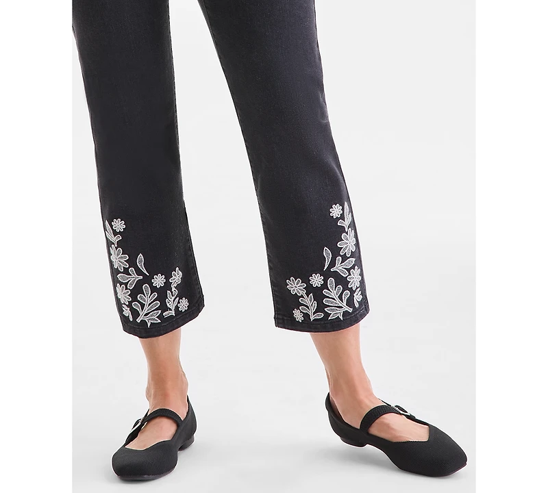 Style & Co Petite Embroidered Cropped High Rise Straight Jeans, Macy's Exclusive