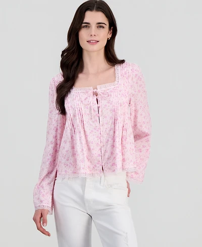 Hippie Rose Juniors' Lace-Trim Floral-Print Pintucked Top